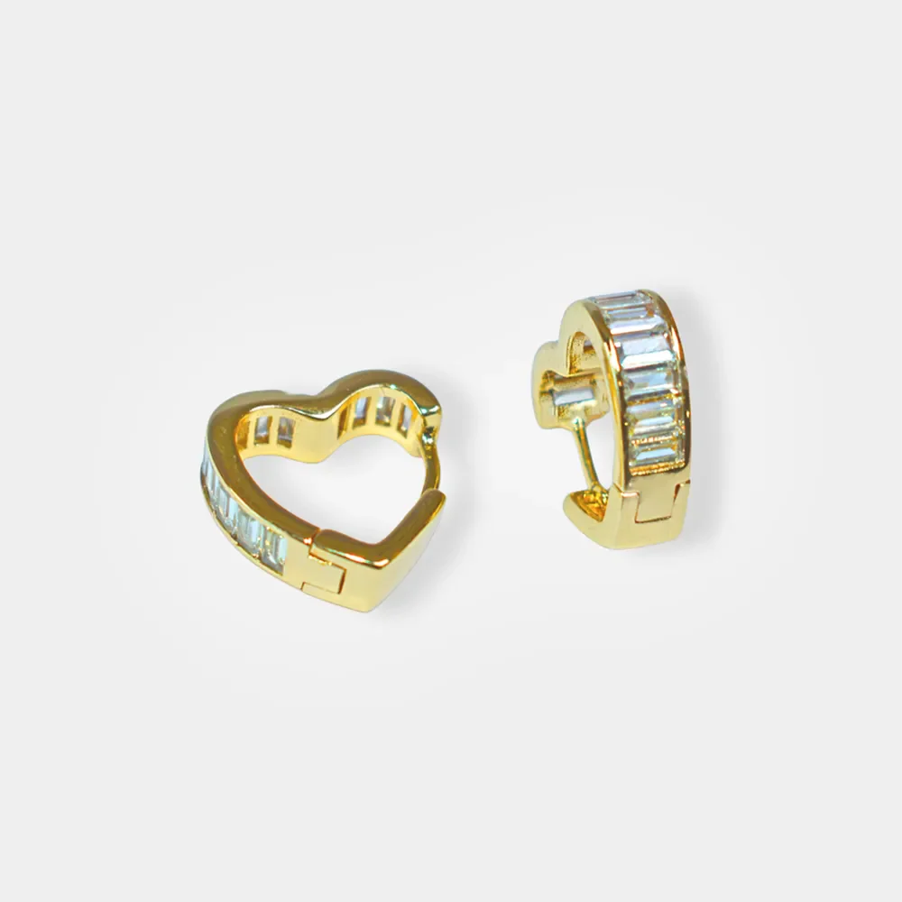 Gold Heart Hoop Earrings With Baquette Crystals - Elegant Sparkle For Women